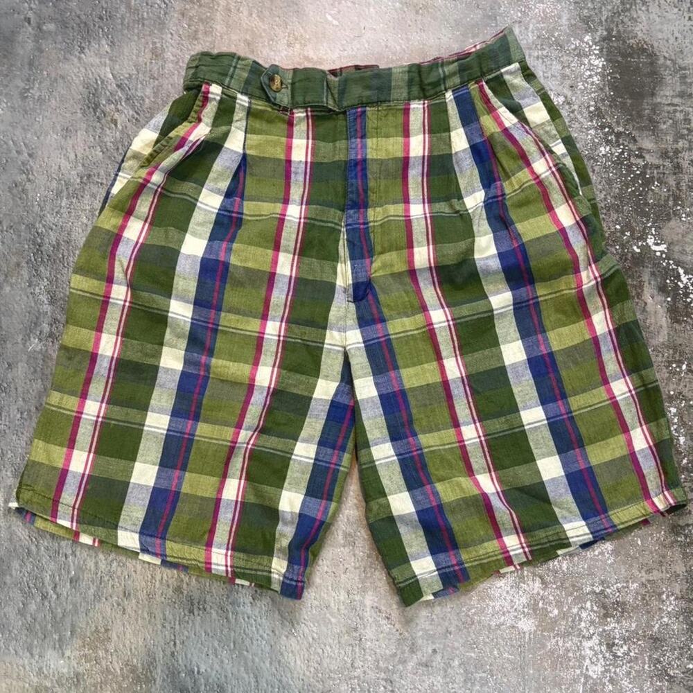 90s Plaid Linen Esc Shorts! Green & Purple Spring Summer. Waist 27
